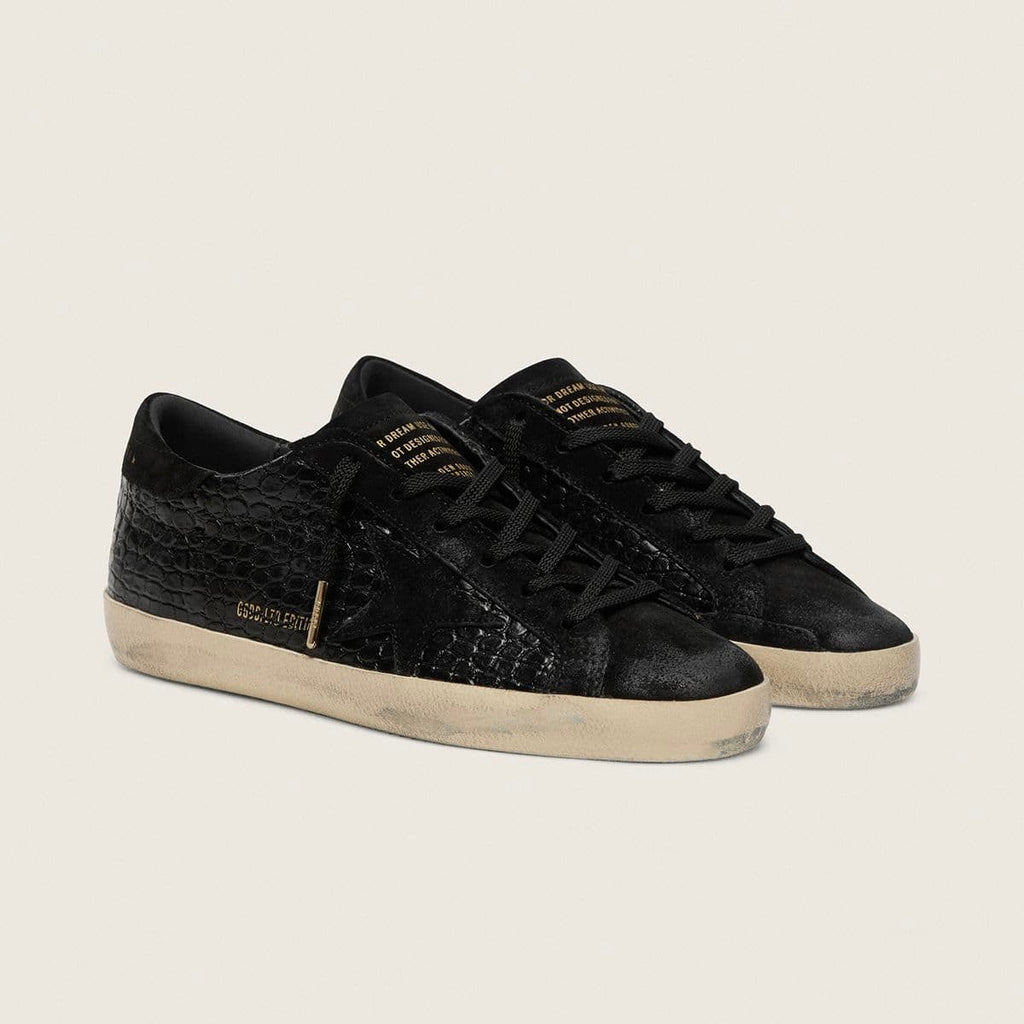 Golden Goose Super-Star LTD in black croc-print leather with black suede star and heel tab(Women's)
