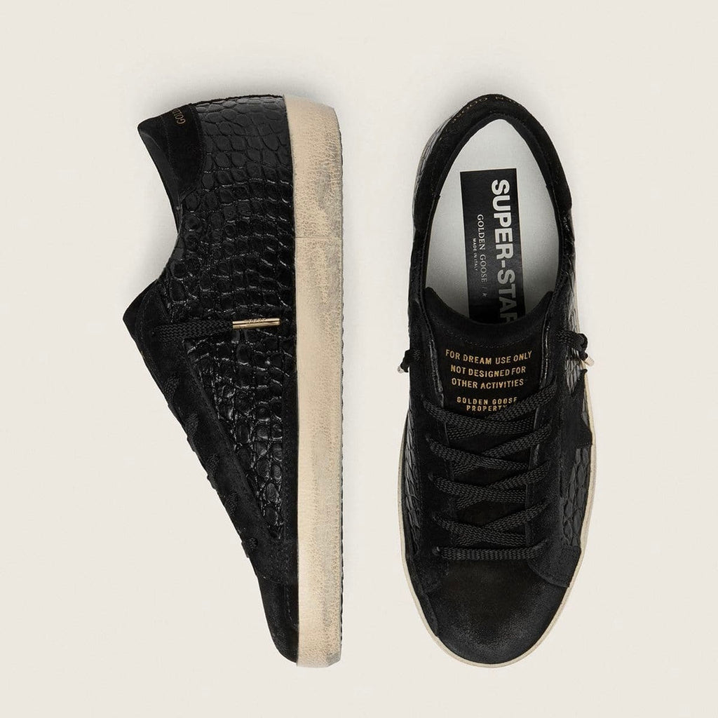 Golden Goose Super-Star LTD in black croc-print leather with black suede star and heel tab(Women's)